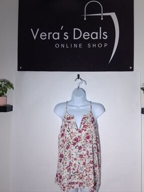 LOFT Cream Floral V-Neck Cami with Pink Bouquet Print Size LP